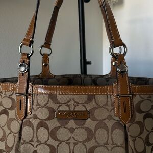 COACH East-West Tote Bag in Signature Jacquard Canvas, Caramel/Khaki
